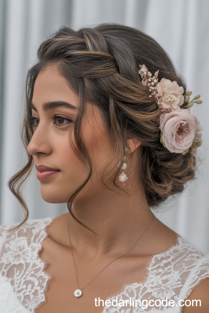 Soft Loosely Pinned Updo With Pink Flowers