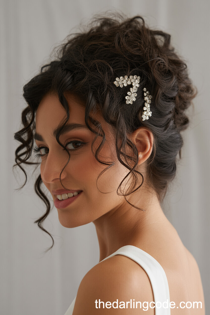 Voluminous Curly Updo With Crystal Clips