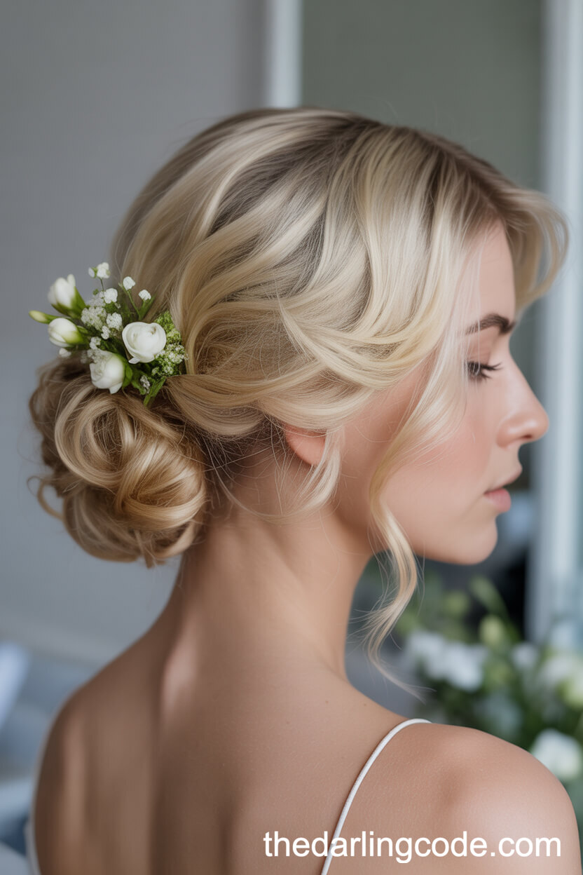 Low Side Bun Updo With Fresh Flowers