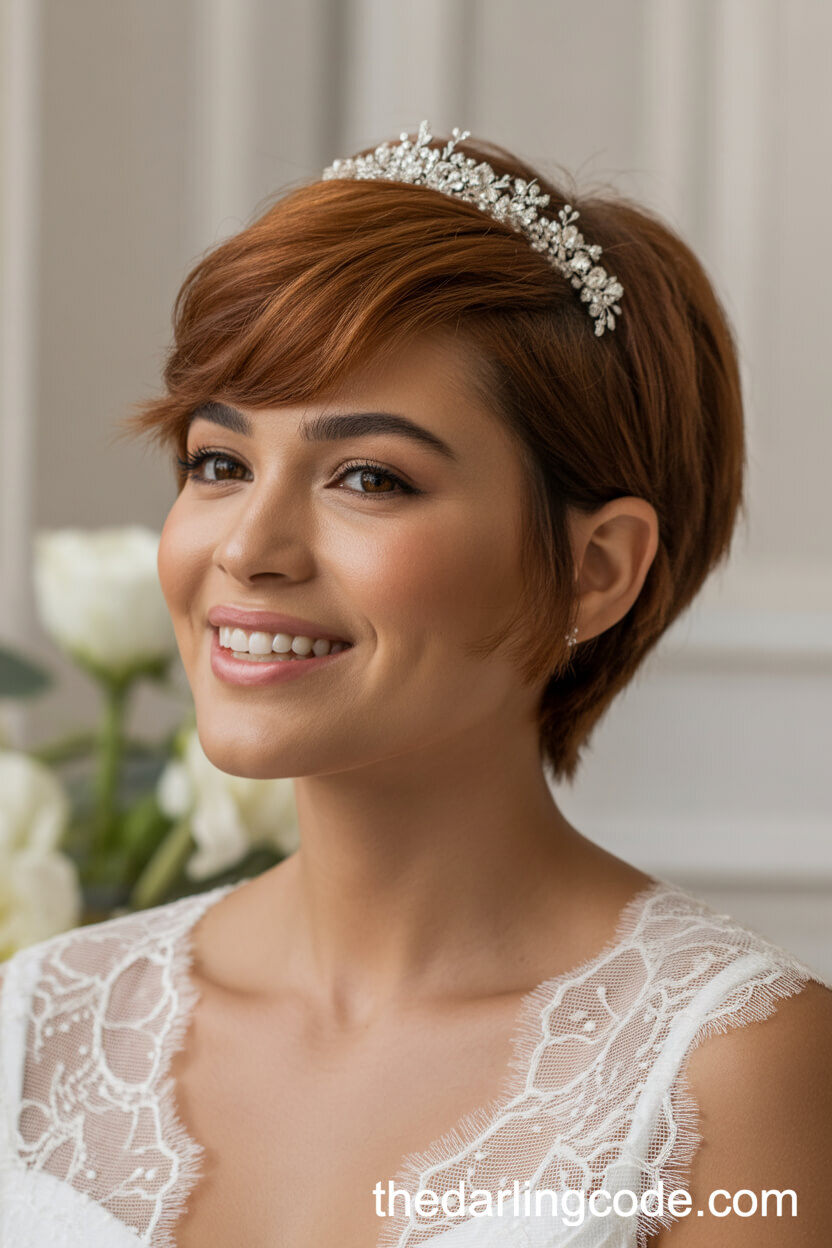 Textured Honey-Brown Pixie With Bridal Tiara
