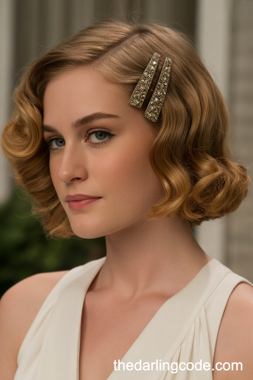 Caramel Blonde Bob In Old-Hollywood Waves With Antique Clip