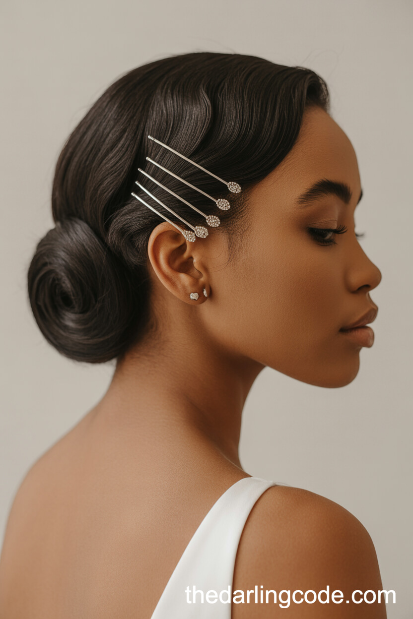 Sleek Low Rolled Updo With Silver Pins
