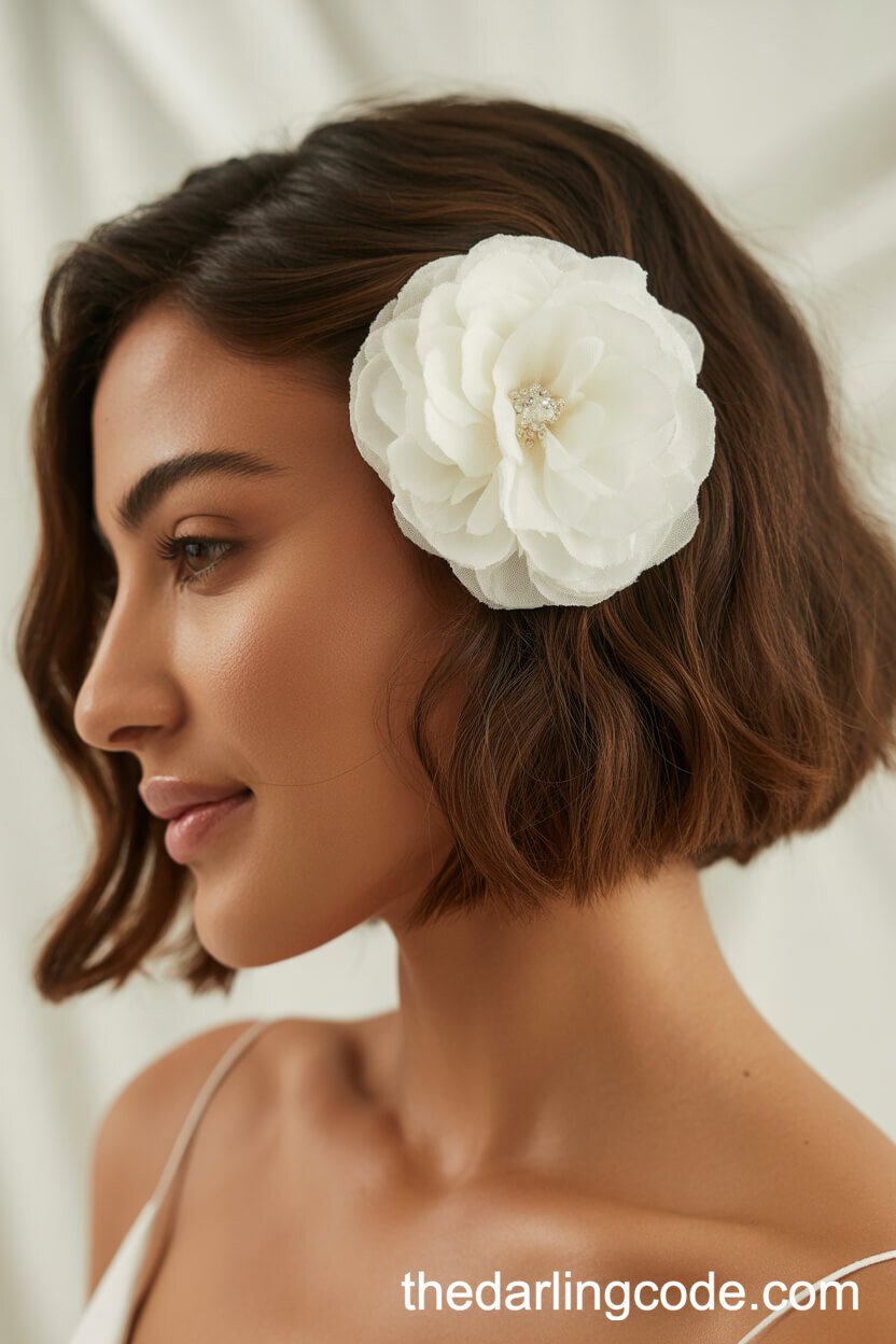 Textured Short Bob With Large White Silk Flower Clip