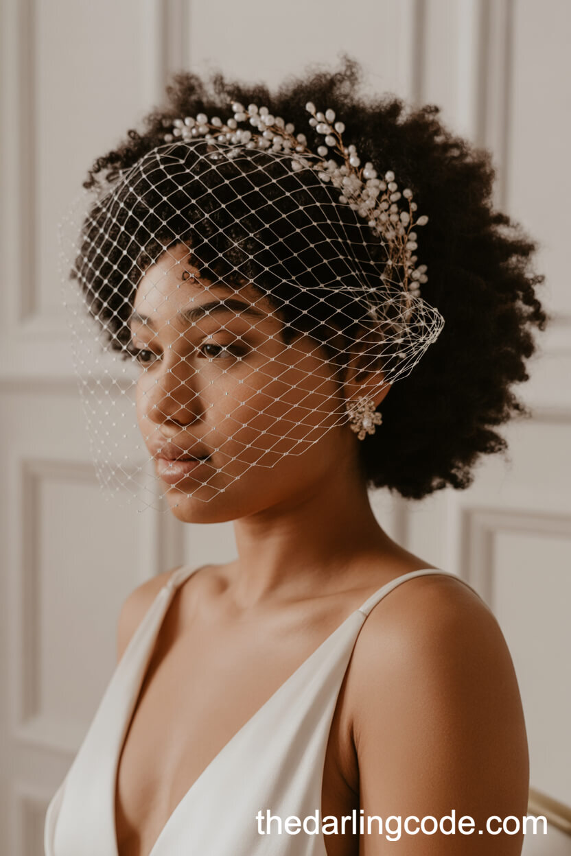 Soft Natural Afro With Beaded Accents And Bridal Veil