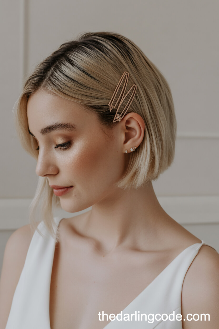 Ash Blonde Bob Swept With Rose Gold Geometric Clips