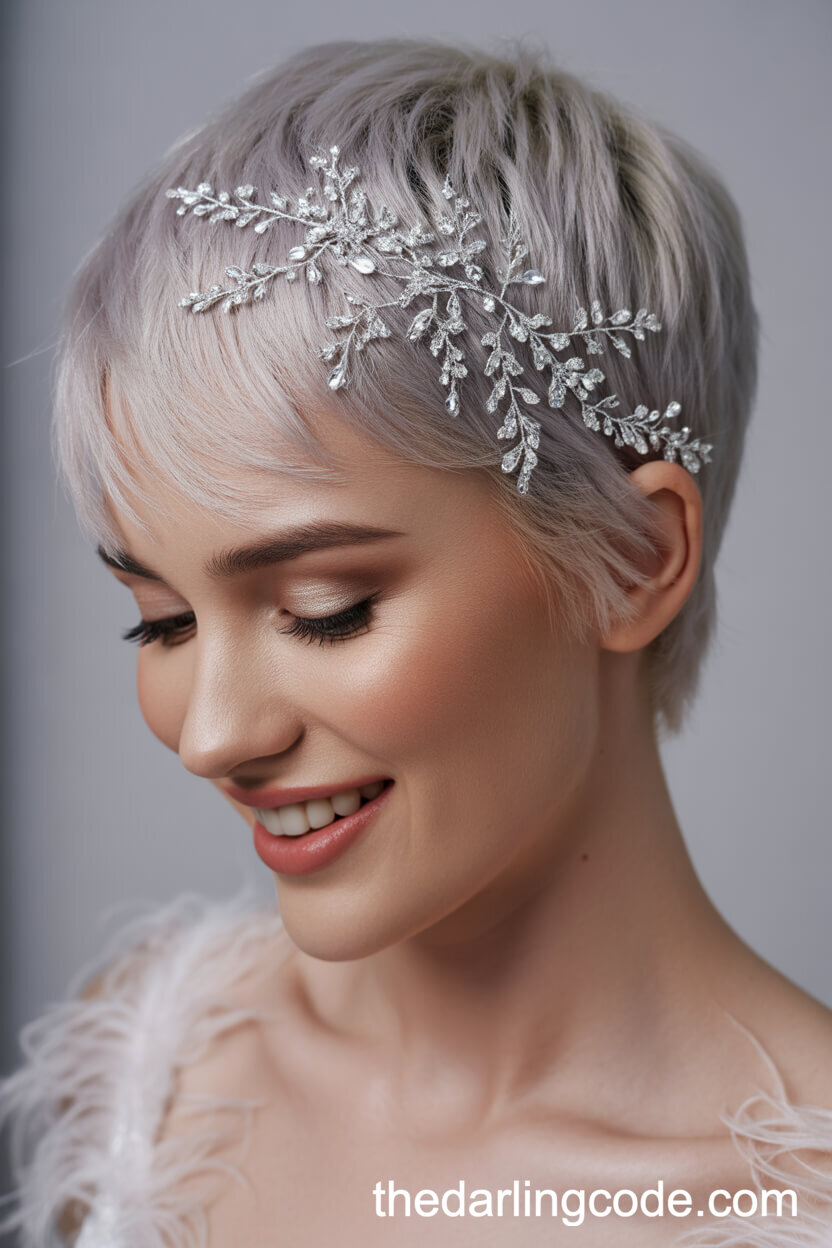 Feathered Silver Pixie With Crystal Bridal Hair Vine