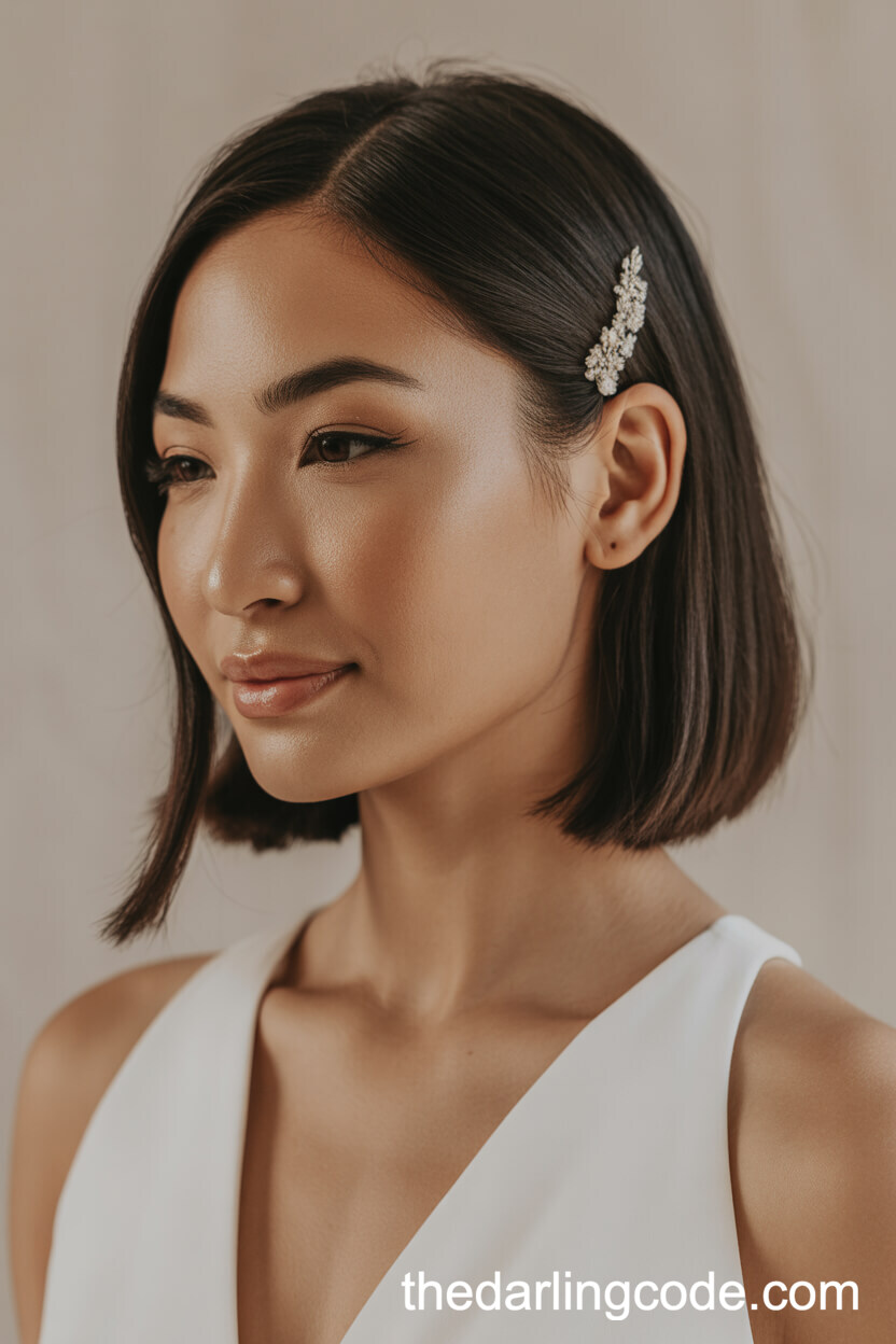 Sleek Side-Parted Lob With Bridal Hairclip