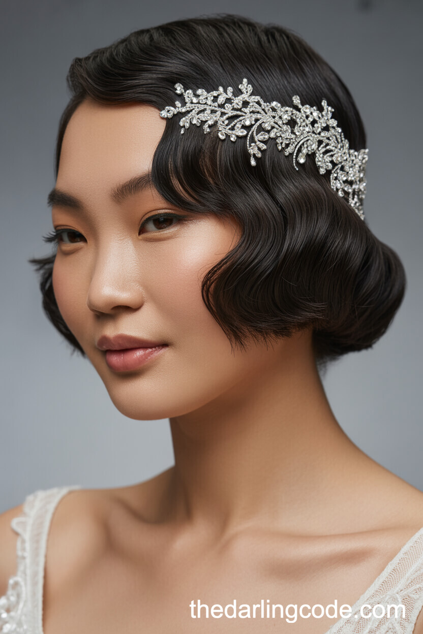 Glossy 1920s Finger Waves With Rhinestone Hairpiece