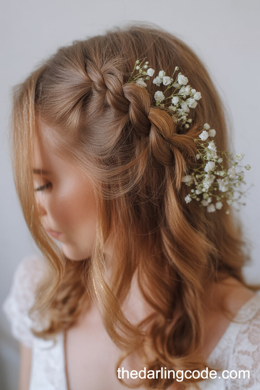 Side Braid Half Up With Baby’s Breath Flowers