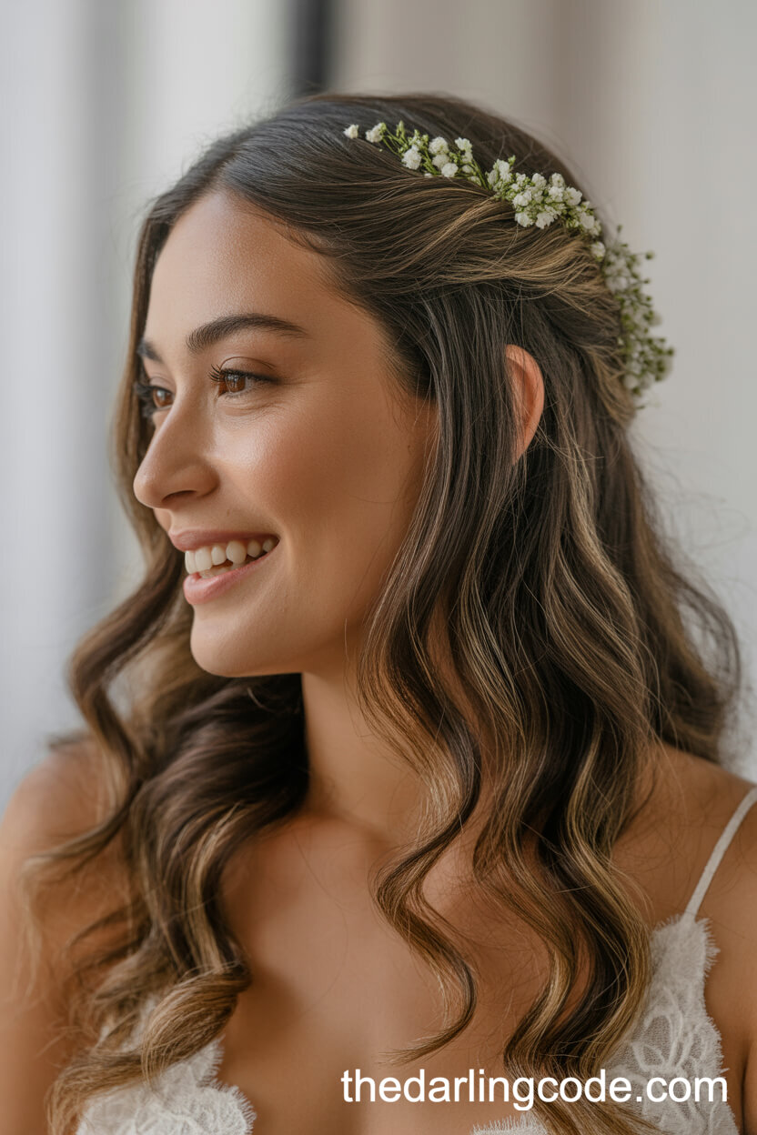 Soft Waves Half Pulled Back With White Flowers