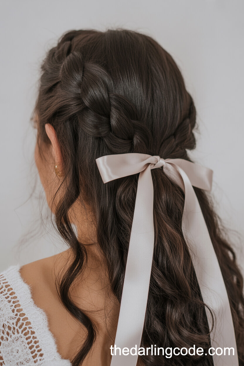 Half Up Braid With Wedding Ribbon And Loose Curls