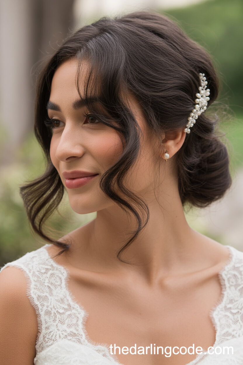 Half Updo With Soft Side Bangs And Pearl Pin