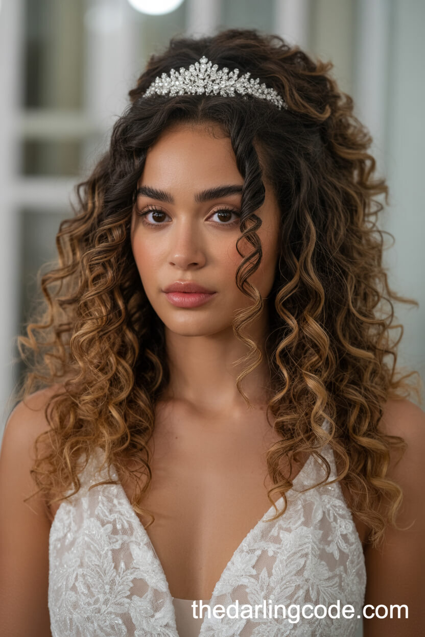 Voluminous Half Updo With Sparkling Tiara