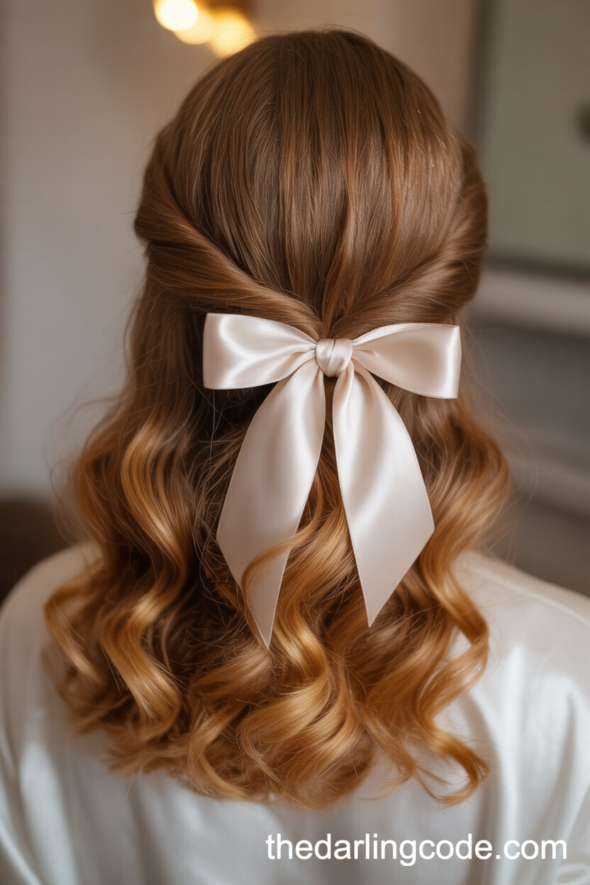 Large Soft Curls Half Up With Satin Bow