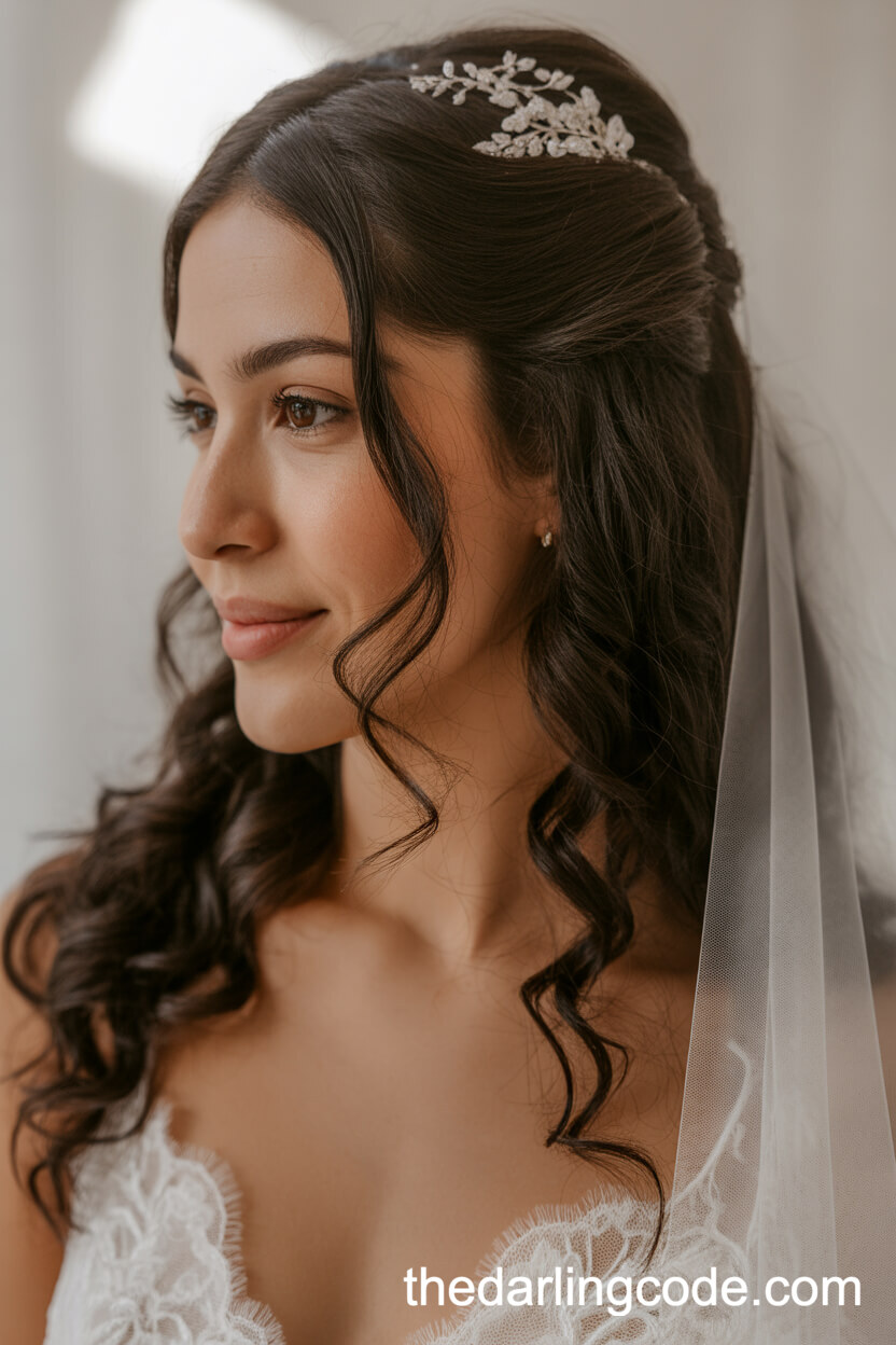 Loose Curls Half Up With Veil And Delicate Comb