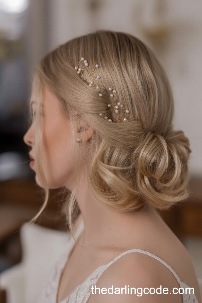 Smooth Half Updo With Scattered Pearl Pins