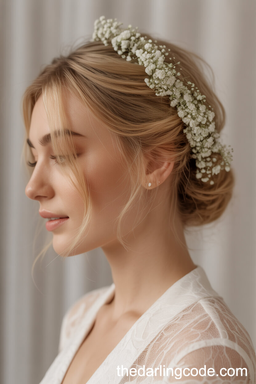 Romantic Sandy Blonde Half Up With Baby’s Breath