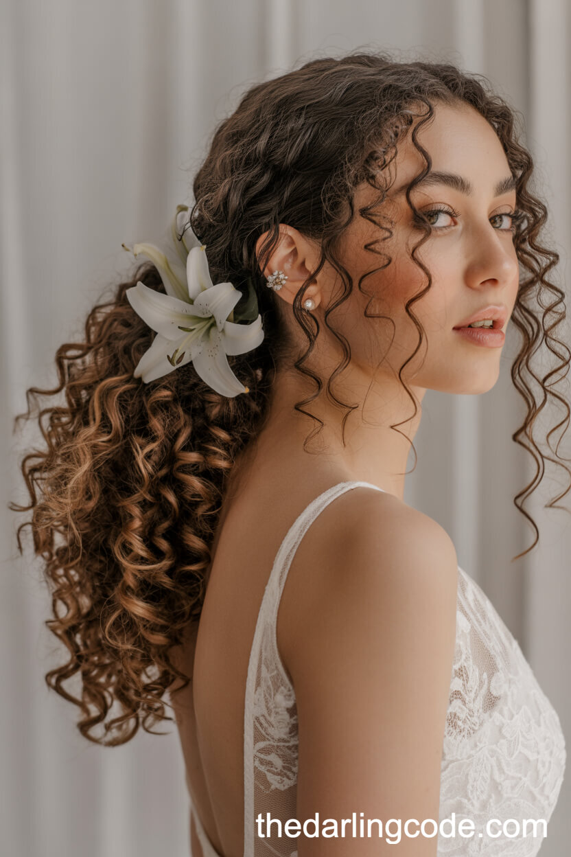 Curly Ponytail With Lily Flower Accents