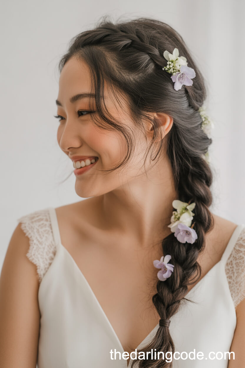 Loosely Brached Side Ponytail With Pastel Flowers