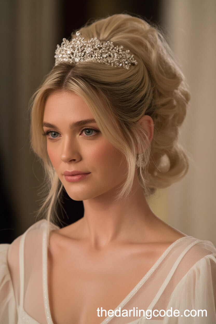 High Voluminous Ponytail With Bridal Tiara