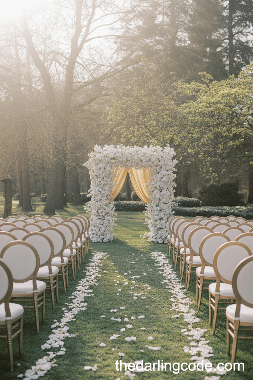 Early Spring Outdoor Ceremony With White Chairs And Gold Accents