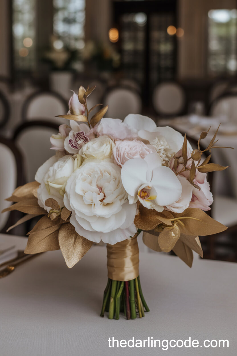 Bridal Bouquet Of White Blooms And Delicate Golden Leaves