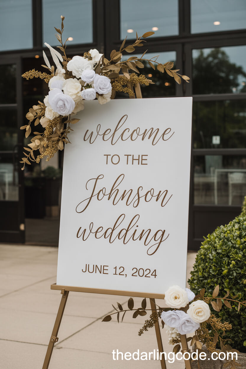 Modern White Acrylic Welcome Sign With Gold Calligraphy