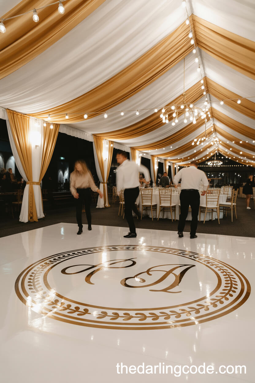 Glamorous White Dance Floor With Gold Monogram