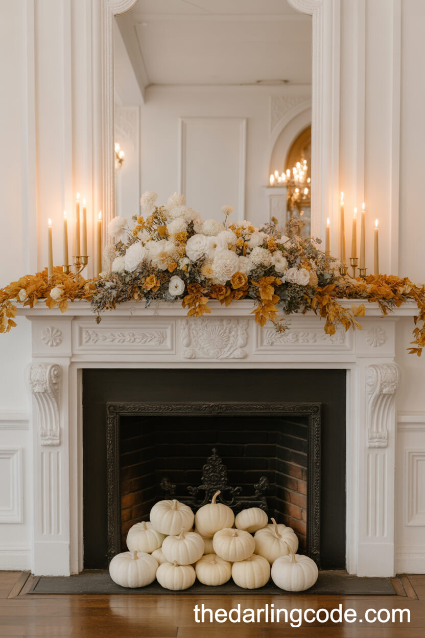 Historic Fireplace Mantel Decorated In White And Gold