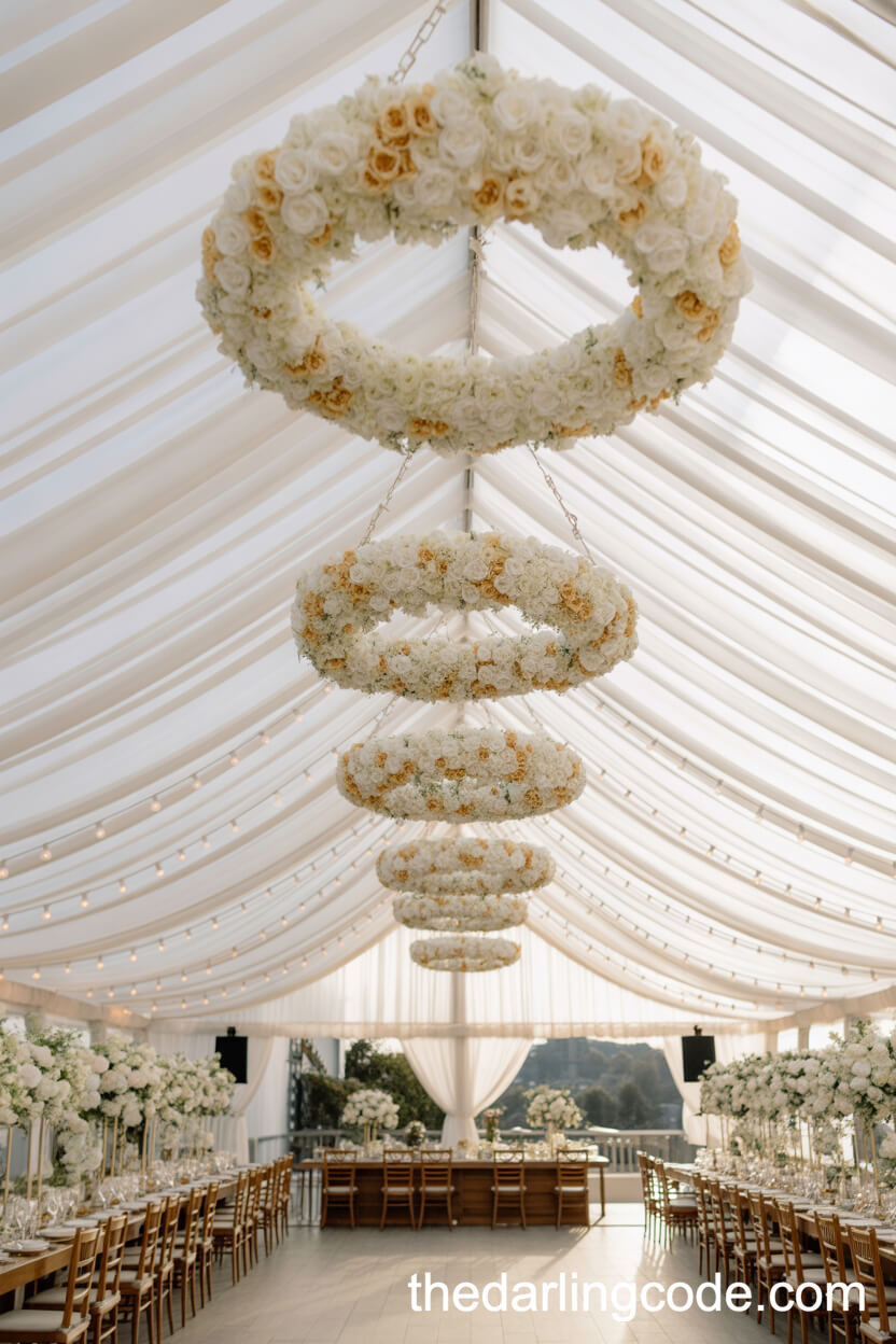 Reception Hall With White Drapes And Golden Floral Chandeliers