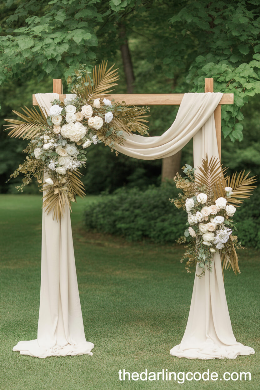 Summer Garden Arch With White Chiffon And Gold Leaf Sprays