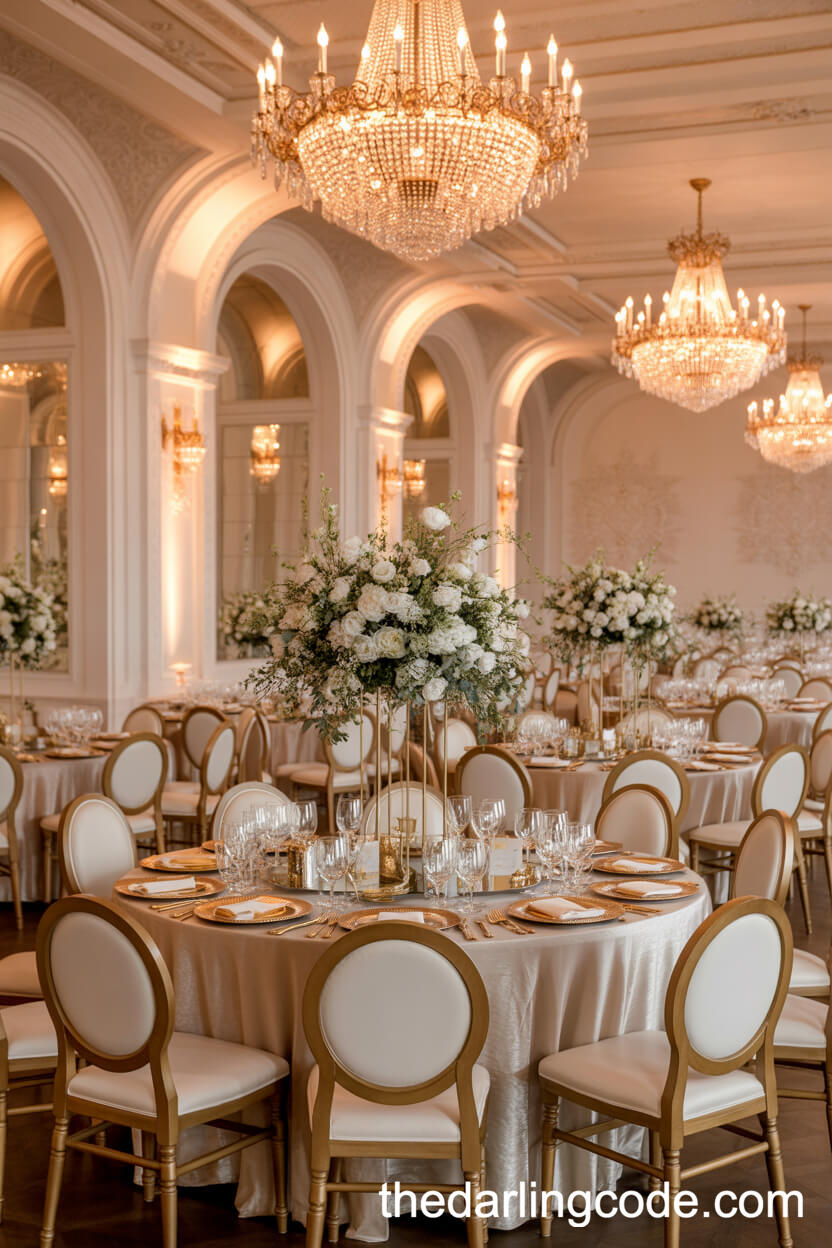 Opulent Ballroom Reception With White And Gold Decor