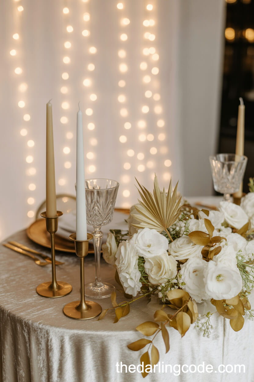 Romantic Sweetheart Table With White Velvet And Gold Details
