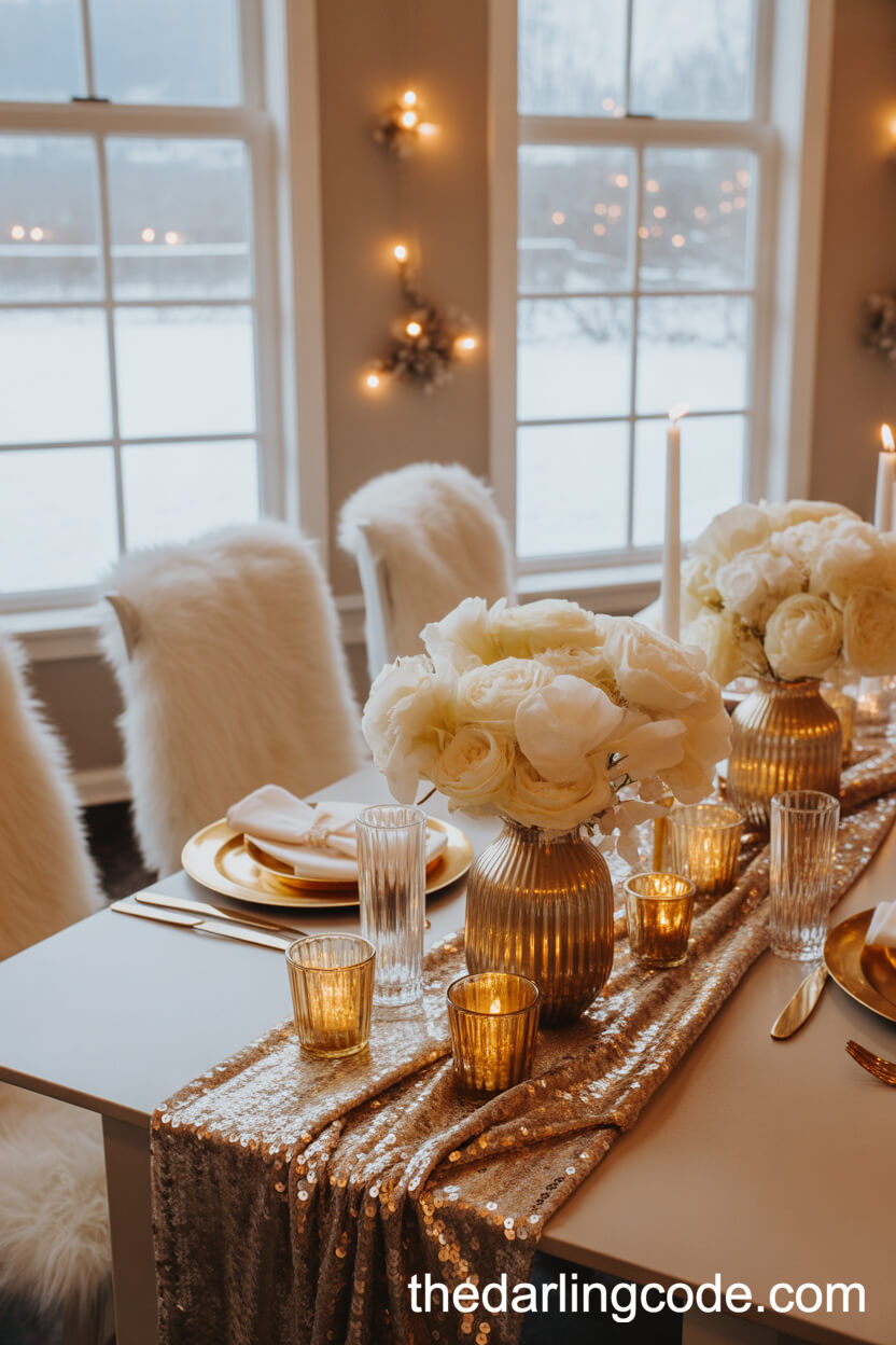 Cozy Winter Wedding Scene With Gold Sequin And Faux Fur Touches