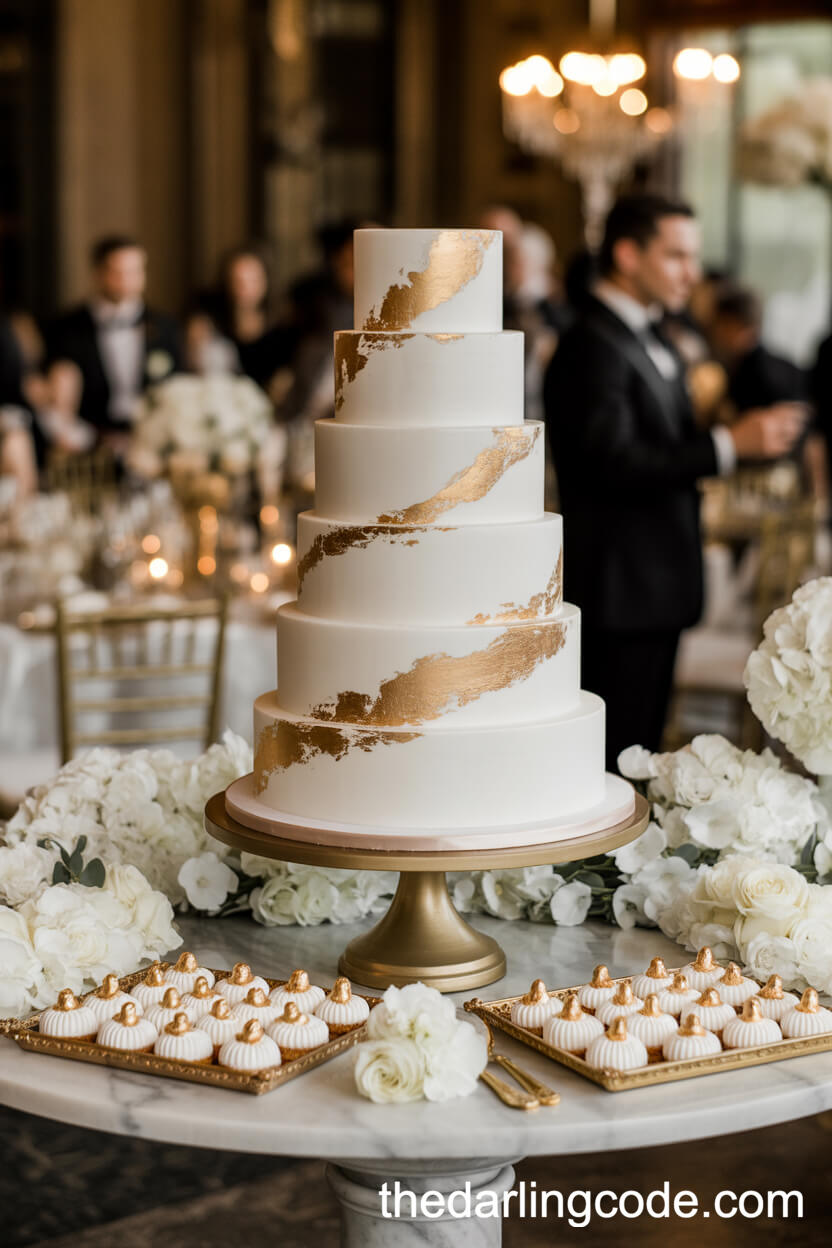 Luxurious White Wedding Cake With Gold Leaf Accents