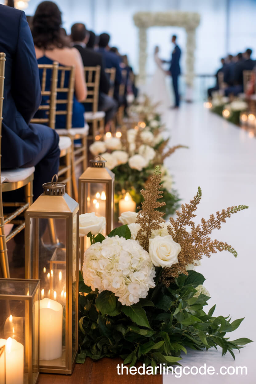 Floral-Lined Wedding Aisle With Gold Lanterns