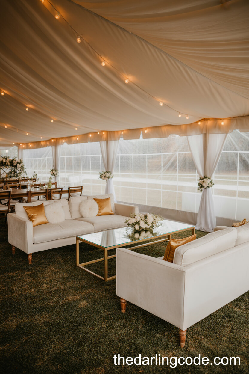 Inviting White And Gold Wedding Lounge Under A Tent