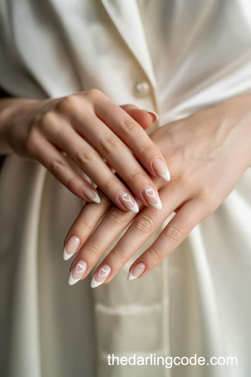 Classic White French Tip Nails With Heart Accents