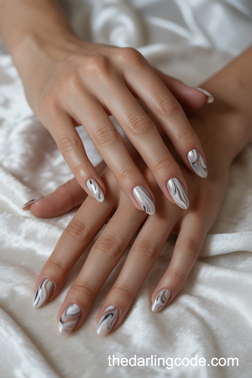 Almond Nails With White Gray And Pearl Marble