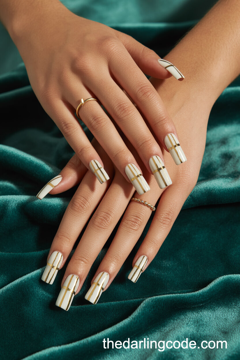 Coffin White Nails With Metallic Gold Striping