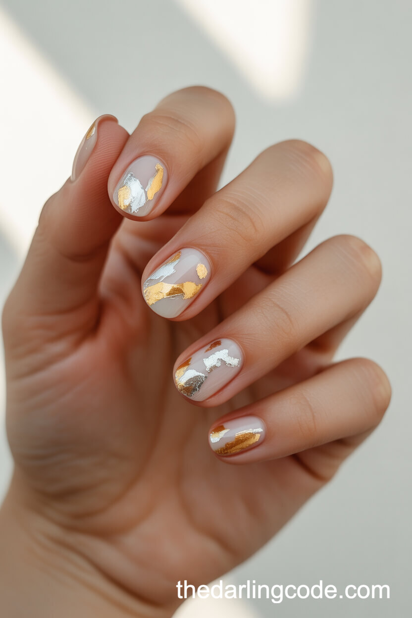 Sheer White Nails With Gold And Silver Foil