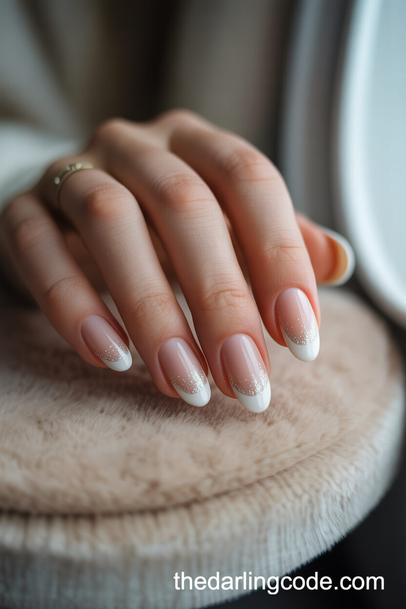 Classic French Tips With Silver Glitter Gradient
