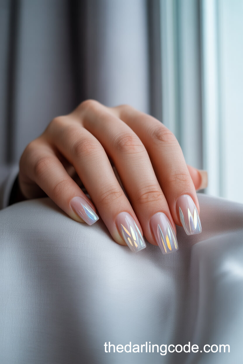 Semi-Sheer White Coffin Nails With Holographic Shards
