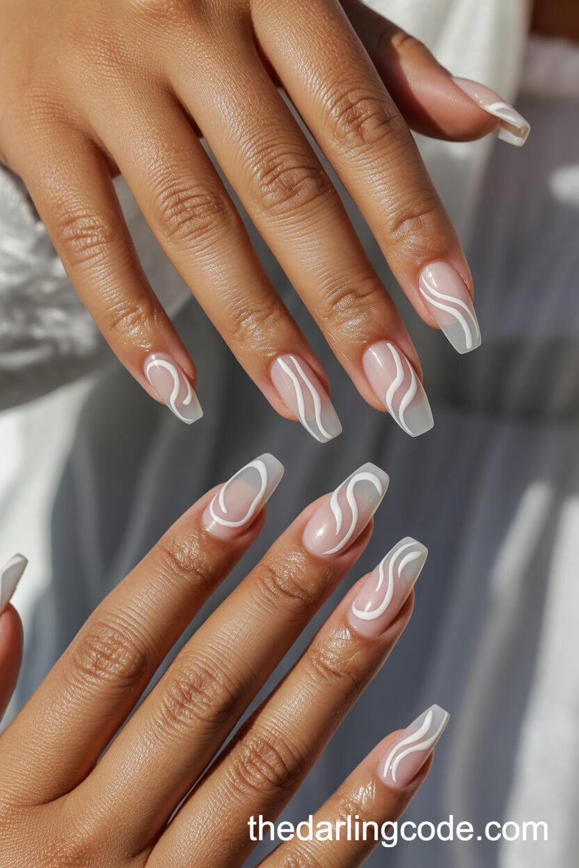Nude Nails With Abstract White Swirl Designs
