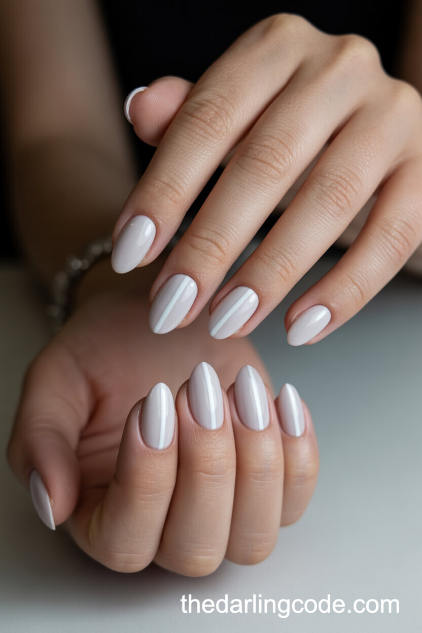 Matte White Almond Nails With Glossy Vertical Stripe