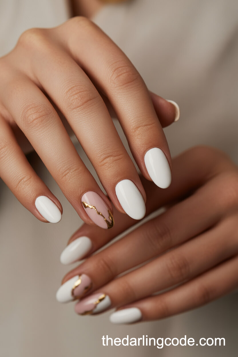 White Almond Nails With Blush Pink And Gold Abstract Accent
