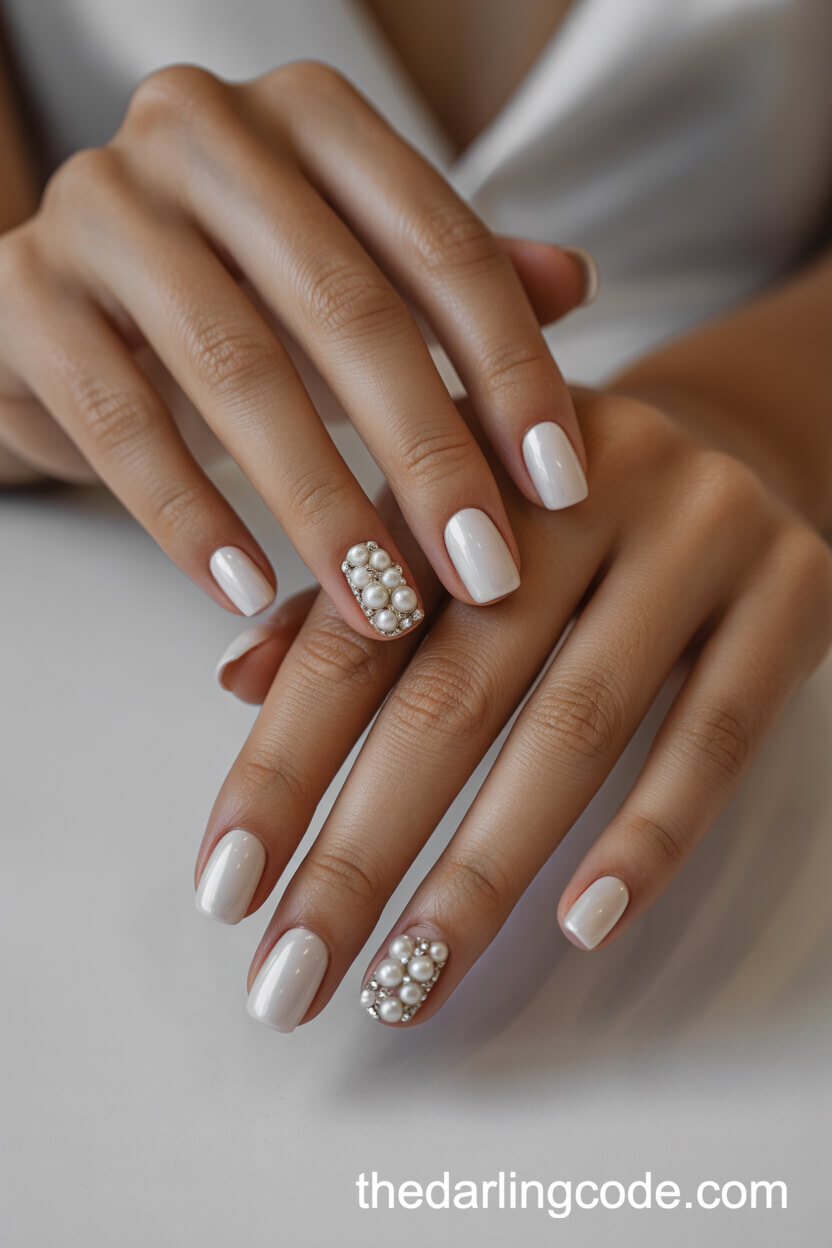 Soft White Square Nails With Pearls And Rhinestones