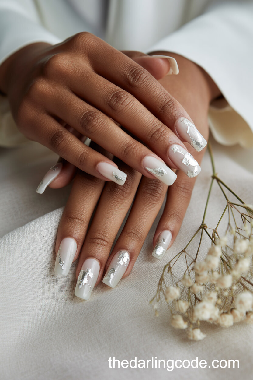 Milky White Coffin Nails With Silver Foil