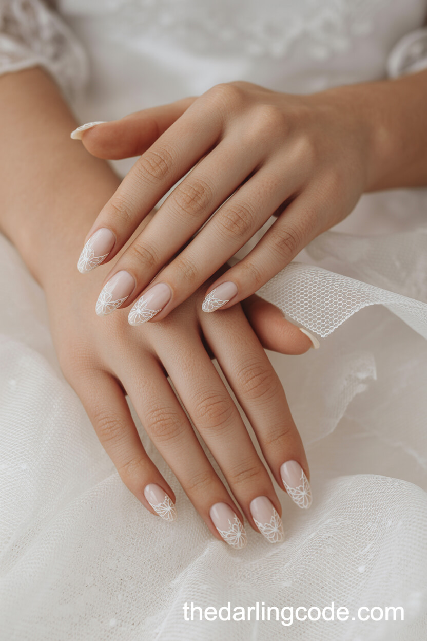 Sheer White Almond Nails With Lace Patterns