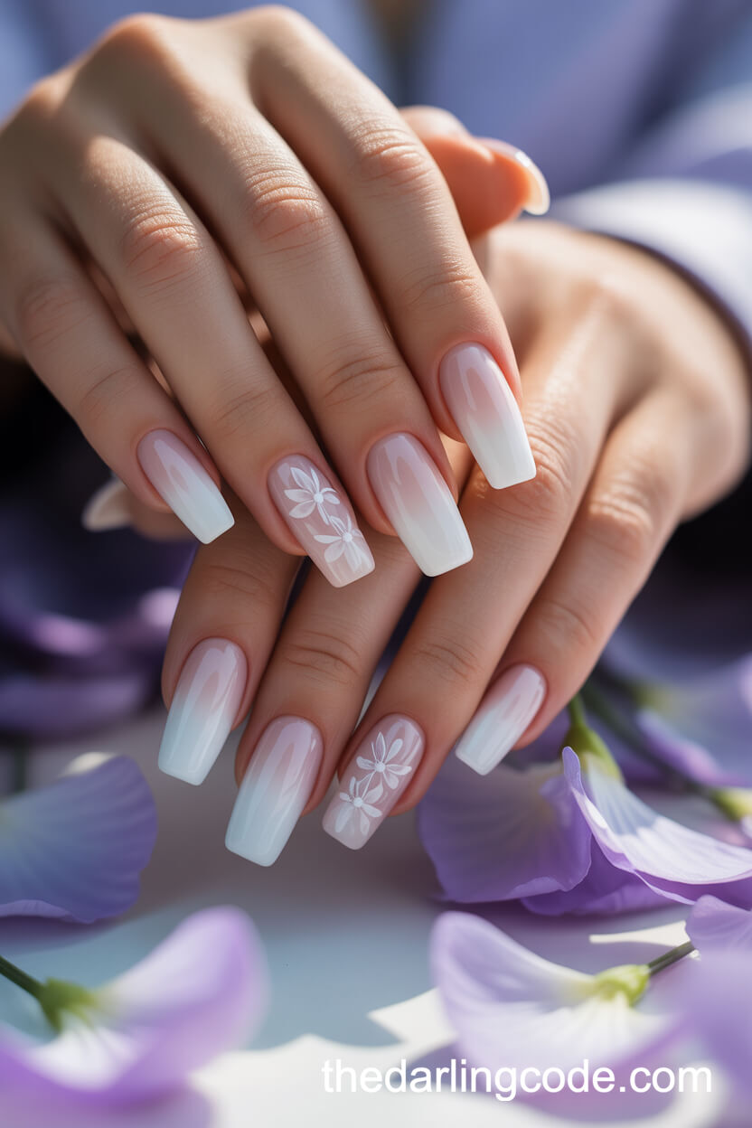 Coffin Ombre Nails With White Floral Accents